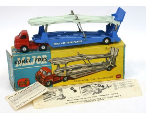 Corgi Major Toys 1101 Bedford S Type Carrimor Car Transporter, red cab, blue/off white transporter trailer, in nice bright co