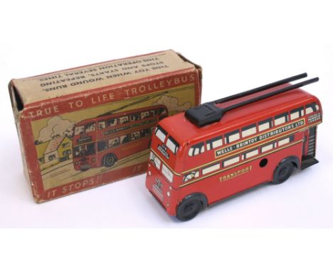  Wells Brimtoy Trolley Bus 9/516, tinplate body, in very  good condition,with working clockwork motor, missing key, Scarce or