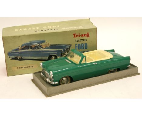 Triang Electric Ford Zephyr Convertible,1/20 scale, green plastic body, cream interior, plated parts, front and rear number p