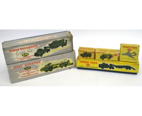 Six Original Dinky Toys Boxes Only, 626 Military Ambulance (missing one inner tab, one end flap repaired), 660 Tank Transport
