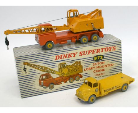 Dinky Toys 972 Lorry Mounted Coles Crane, orange/yellow body, in near mint condition, with a excellent blue/white stripe box 