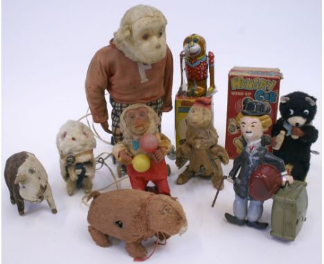 Various Novelty Toys including Nomura (TN Toys Japan) clockwork Hungry Cub boxed, two clock work monkeys with cymbals and mar