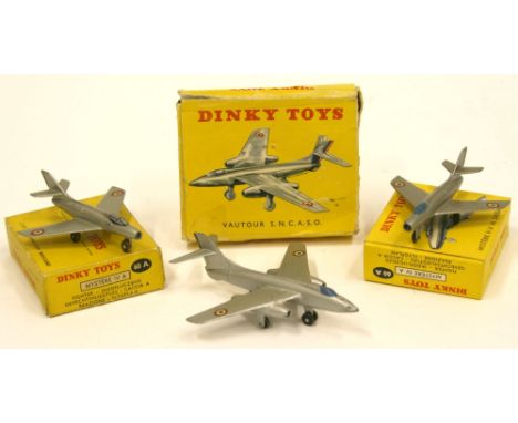  Three French Dinky Toys Aeroplanes 2 x 60A Dassault Mystere Iva Jet’s, one mint boxed, other in excellent condition, box has