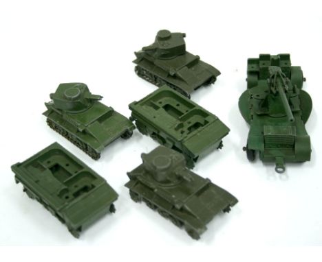 Dinky Military Toys  3 x 152a Light Tanks (one missing train tracks) 2 x Light Dragon Tractors (both missing tracks) and 161b