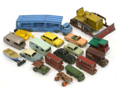 Quantity of Playworn Matchbox Moko models,including large scale Caterpillar Bulldozer, yellow with red blade and rollers (mis