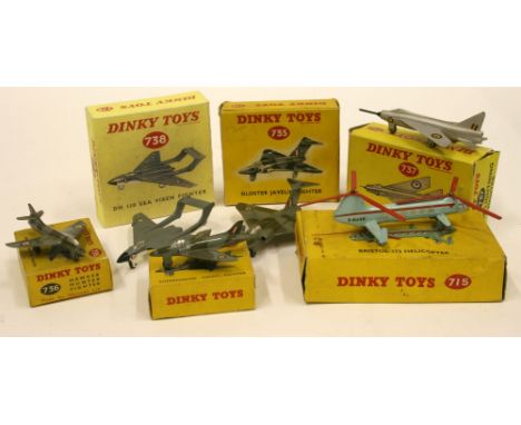  A Group of Six Dinky Toy Aeroplanes & Helicopter, 715 Bristol 173 Helicopter,734 Supermarine Swift fighter, 735 Gloster Jave