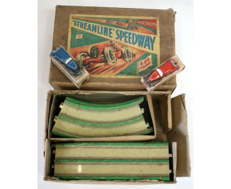 Louis Marx E50 Streamline Speedway Set, contains lithographed two lane tin plate track sections, two clockwork speedway cars,