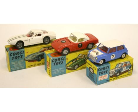 Three Boxed Corgi Toys, 227 Morris Mini Cooper Competition model, blue body, white roof/bonnet, red interior, some paint chip