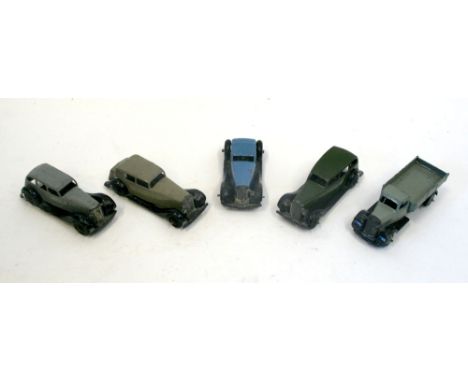 Dinky Toys 30 Series Daimler, fawn/black chassis, Vauxhall green body, black chassis, Bentley blue body, black chassis (missi