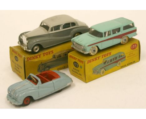 Three Dinky Toys, 150 Rolls Royce Silver Wraith, two tone grey, spun wheels, metal bumpers, in near mint condition, poor box,