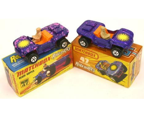 Two Matchbox Superfast 47b Beach Hopper’s,multi-splatter body and almost blue body, light and dark pink bases, models are min