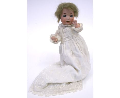 German Bisque Headed Doll by Armand Marseille, with sleeping blue eyes, open mouth, mohair wig, composition bent limbs, marke