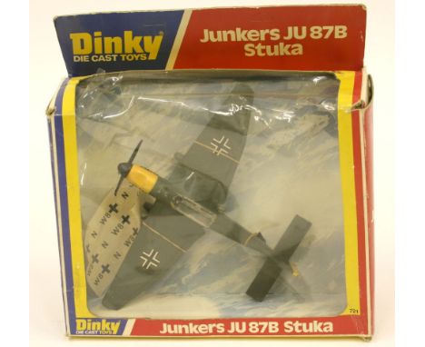 Dinky Toys 721 Junkers JU 87B Stuka Aeroplane, military green, with cap firing bomb, unused decal sheet, in mint condition, w