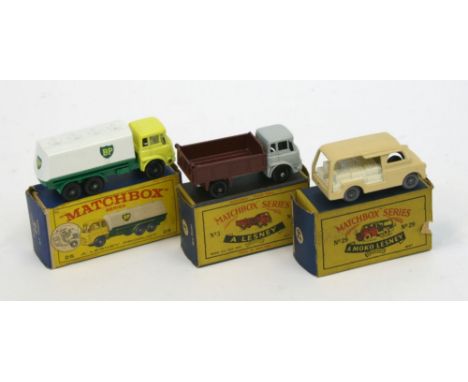 Three Matchbox Regular Wheel Models,3b Bedford TK Tipper, light grey cab, maroon tipper, black base, black plastic wheels, in
