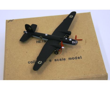 Scarce Jeffrey Stevenson Heinkel He177 Aircraft, collectors scale white metal model, black/sky blue, in mint boxed condition,