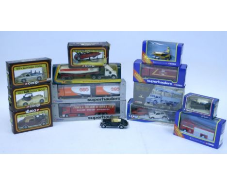 Fourteen Corgi Toy Models, 1152 Mack Truck Esso Petrol Tanker, Super Haulers 59517 Scania TNT,59513 ERF Royal Mail Lorry, 595