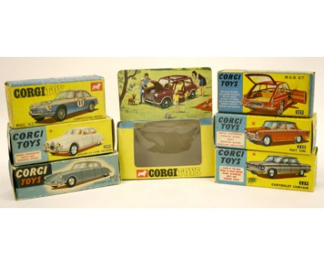 Seven Corgi Toys Empty Boxes,208S Jaguar 2.4 Litre Saloon,210 Citroen D.S.19, 229 Chevrolet Corvair, 232 Fiat 2100, 327 M.G.B