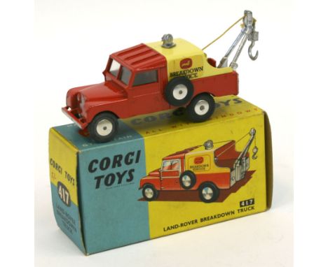 Corgi Toys  417 Landrover Breakdown Truck, red body, yellow tin tilt, flat spun wheel hubs, in near mint condition, with exce