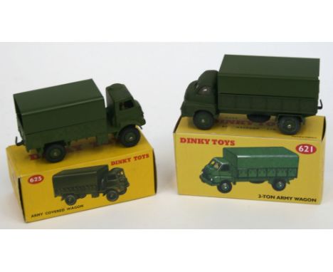 Dinky Toys 623 Army Covered Wagon, military green, with driver in mint boxed condition, plus 621 Bedford 3-Ton Army wagon, wi