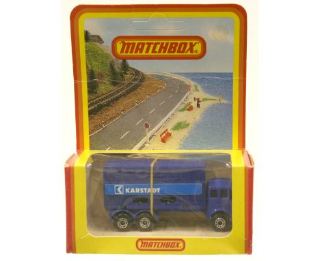 Scarce Matchbox Superfast 42c KARSTADT Mercedes Container Truck, model is mint in sealed near mint German issue box 