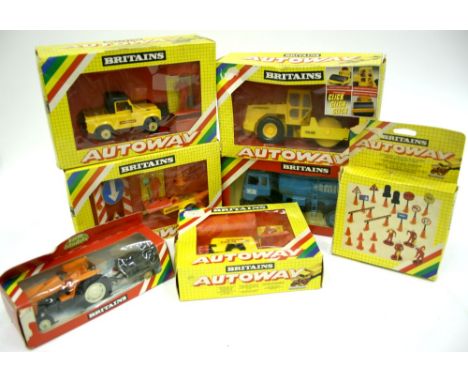 Lot 65 Britains Autoway  9818 Road Roller, 9820 Landrover, 9845 Autoway Safety Trailer, 9840 Compressor, 9801 Workmen and Roa