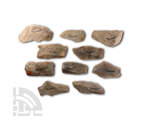 Neolithic Period, circa 6,000 B.P. Mixed group of grey flint scrapers and other tools; with inked find spot legend 'Touvent'.
