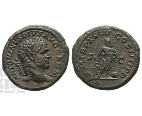 AD 198-217. Rome mint; struck AD 215. ANTONINVS PIVS AVG GERM, laureate head to right / P M TR P XVIII COS IIII P P, Aesculap