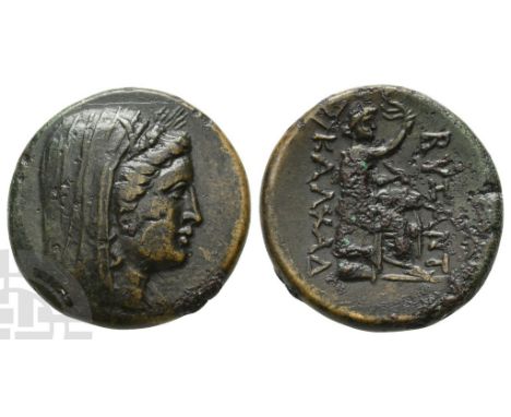 300-200 BC. Wreathed and veiled head of Demeter to right / ΒΥZΑNT ΚΑΛΧΑΔ, Poseidon seated to right, holding aphlaston with ri