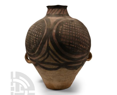 Neolithic Period, 3rd millennium B.C. Comprising a bulbous body with two small loop handles below the equator, flat base, low