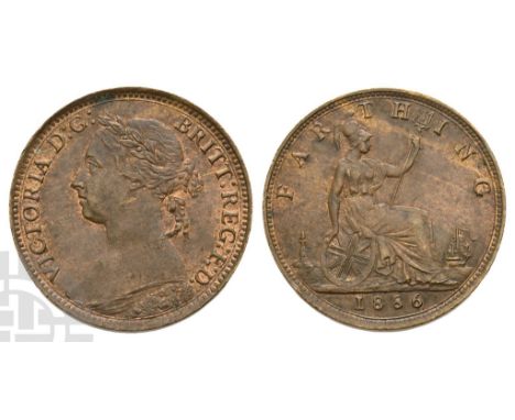 1837-1901. London mint. Dated 1886. 'Bun Head' issue. VICTORIA D : G : BRITT : REG : F : D :, laureate bust to left / FARTHIN