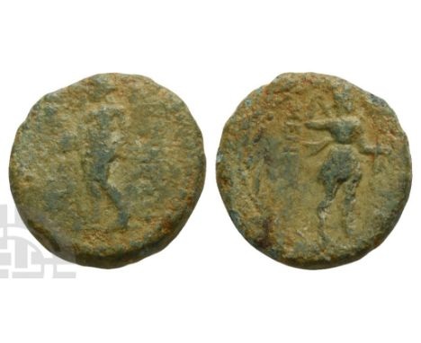 Caria, Iasos AE 17mm. Circa 250-190 BC. ΜΕΝΕΚΛΗΣ (Menekles), magistrate. Group C. Apollo Delphinios standing to left, holding