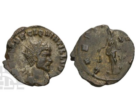 AD 270. Rome mint. 12th officina. IMP C M AVR CL QVINTILLVS [AVG], radiate, draped and cuirassed(?) bust to right / LAETI[TIA