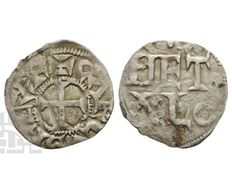 898-922. Metalo (Melle) mint. ✠ CΛRLVS REX R, cross pattée / METΛLO in two lines; pellet above. Depeyrot 629 var. (obv. legen