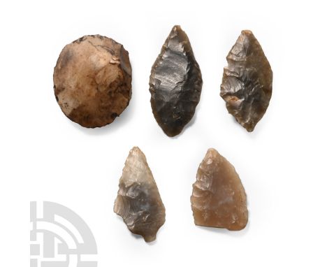 Neolithic Period, circa 3rd-2nd millennium B.C. Comprising knapped leaf-shaped and barbed arrowheads, round scrape with thick