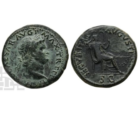 AD 54-68. Lugdunum mint; struck AD 66. IMP NERO CAESAR AVG P MAX TR P P P, laureate head to right, globe at point of bust / S