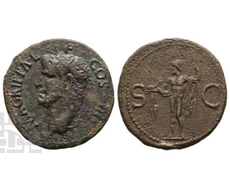 Died 12 BC. Rome mint. Struck under Gaius (Caligula), AD 37-41. M • AGRIPPA • L F • COS III, head to left, wearing rostral cr