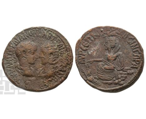 AD 238-244. Struck AD 243-4. AVTOK K M ANT ΓOPΔIANON CAB TPANKVΛΛINA CЄB, on left, bust of Gordian, laureate, draped and cuir