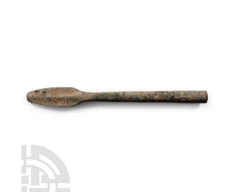 Circa 1000 B.C. With short foliate blade, shallow midrib and long socketted shaft with fastening holes. Cf. Khorasani, M. M.,