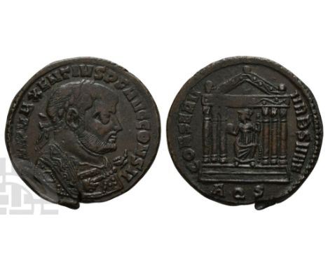 AD 307-312. Aquileia mint; struck AD 307-310. 2nd officina. IMP MAXENTIVS P F AVG CONS II, laureate bust to right, wearing im