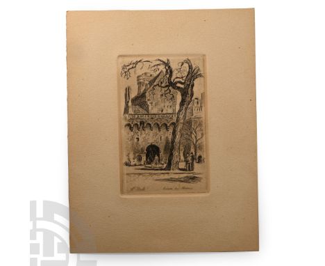 20th century A.D. Heavy laid art-paper rectangle with pressed central panel, sketch of the castle gate with tree.  12.2 grams