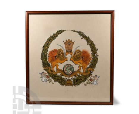 Late 19th-early 20th century A.D. Painted on a fine linen twill ground: wreath with two advancing lions armed with swords, su