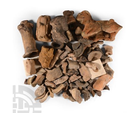 2nd-1st millennium B.C. Including painted vase fragments, pierced shell, terracotta animal figure, ceramic tile and other ite