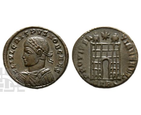 AD 316-326. Treveri mint; struck AD 326. 2nd officina. FL IVL CRISPVS NOB CAES, laureate, draped and cuirassed bust to right 