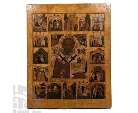 17th century A.D. An icon of Saint Nicholas of Mira, tempera on wood panel, the central part of the composition depicting Sai