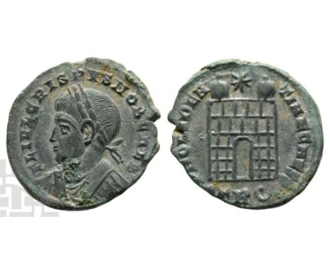 AD 316-326. Treveri mint; struck AD 326. FL IVL CRISPVS NOB CAES, laureate, draped and cuirassed bust to left / PROVIDENTIAE 