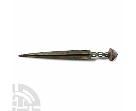 Late 2nd millennium B.C. With solid hilt having a penannular guard, an openwork grip and a conical cast mushroom pommel, the 