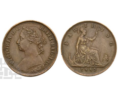 1837-1901. London mint. Dated 1885. 'Bun Head' issue. VICTORIA D : G : BRITT : REG : F : D :, laureate bust to left / FARTHIN