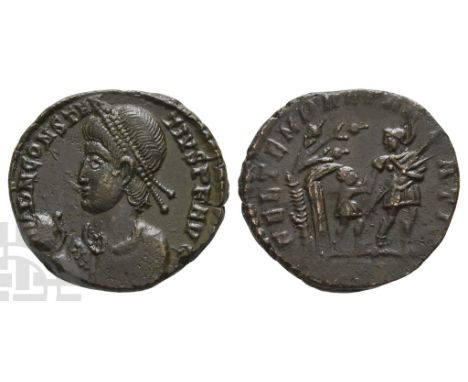 AD 323-350. Uncertain mint. D N CONSTANTIVS P F AVG, laurel and rosette diademed, draped and cuirassed bust to left, holding 