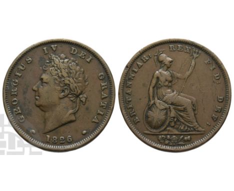 1820-1830. Second issue. Dated 1826. GEORGIUS IV DEI GRATIA, laureate head to left, date below / BRITANNIAR : REX FID : DEF :