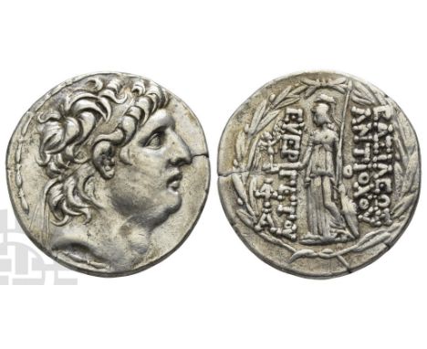 138-129 BC. Antioch on the Orontes mint. Diademed head to right / Athena Nikephoros standing to left, resting hand on shield 